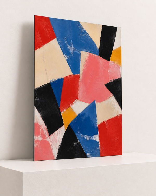 Red Meets Blue | Foam Print | 70x100 cm; 5mm black PVC foam, thin unframed cut edge, resting on raised light platform — angle
