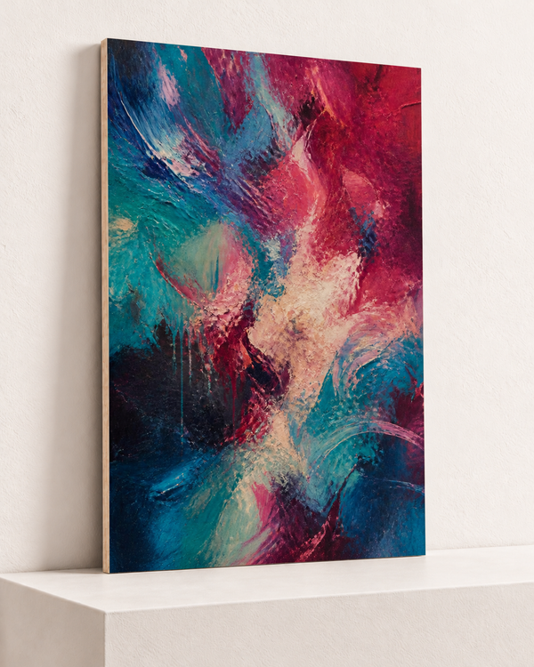 Electric Weather | Wood Print | 70x100 cm; 10mm birch plywood, horizontal grain, slim natural layered unframed cut edge, resting on raised light platform — angle