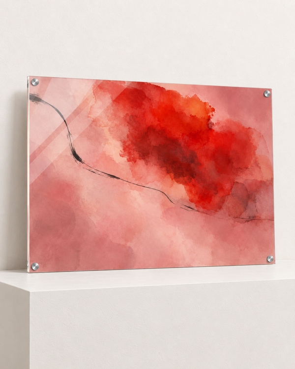 Ember Suspension | Acrylic Print | 100x70 cm; 4mm acrylic, four silver corner caps, resting on raised light platform — angle