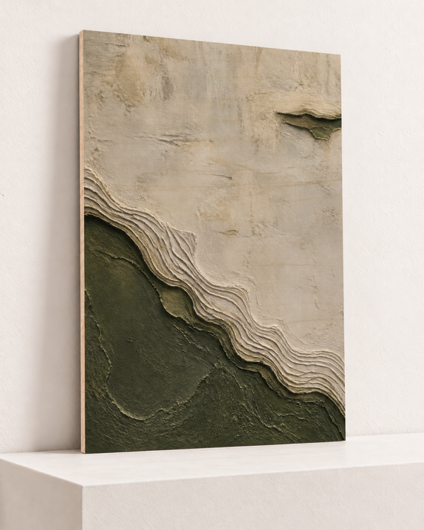 Eroded Basin | Wood Print | 70x100 cm; 10mm birch plywood, horizontal grain, slim natural layered unframed cut edge, resting on raised light platform — angle