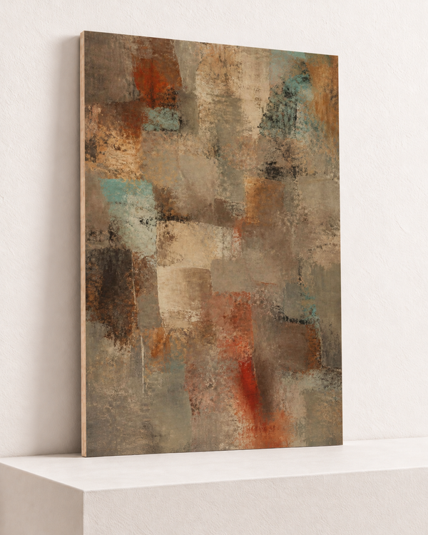 Old Walls | Wood Print | 70x100 cm; 10mm birch plywood, horizontal grain, slim natural layered unframed cut edge, resting on raised light platform — angle