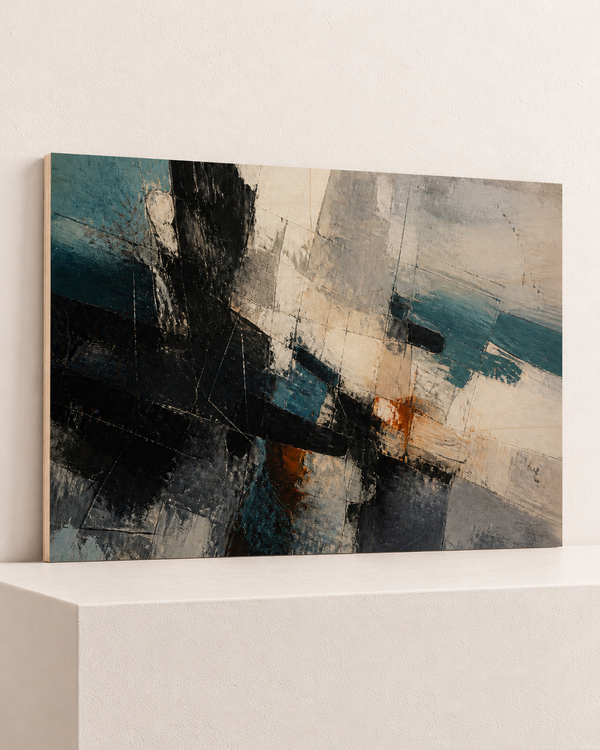 Where Blue Breaks | Wood Print | 100x70 cm; 10mm birch plywood, horizontal grain, slim natural layered unframed cut edge, resting on raised light platform — angle
