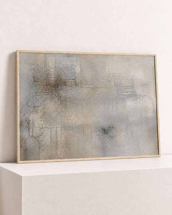 Morning in Grey, paper print in its natural wood frame, angle studio view