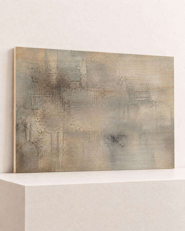 Morning in Grey | Wood Print | 100x70 cm; 10mm birch plywood, horizontal grain, slim natural layered unframed cut edge, resting on raised light platform — angle