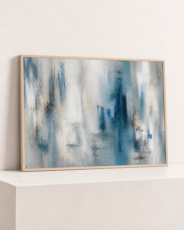 Blue, Softly, paper print in its natural wood frame, angle studio view