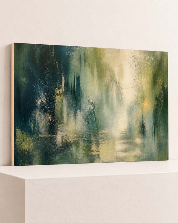 Forest After Rain | Wood Print | 100x70 cm; 10mm birch plywood, horizontal grain, slim natural layered unframed cut edge, resting on raised light platform — angle