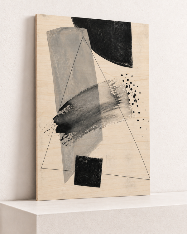 An Ink Afternoon | Wood Print | 70x100 cm; 10mm birch plywood, horizontal grain, slim natural layered unframed cut edge, resting on raised light platform — angle