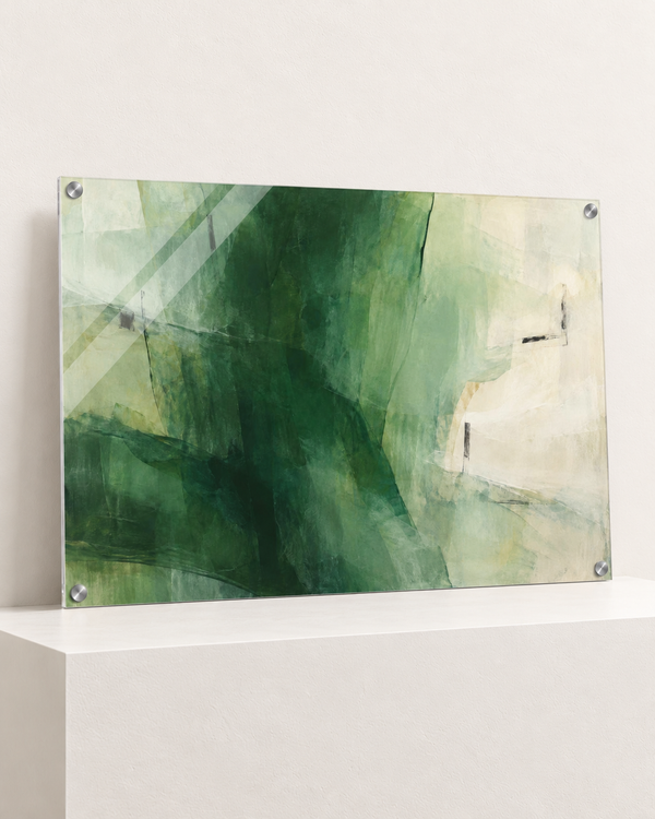 Green Distance | Acrylic Print | 100x70 cm; 4mm acrylic, four silver corner caps, resting on raised light platform — angle
