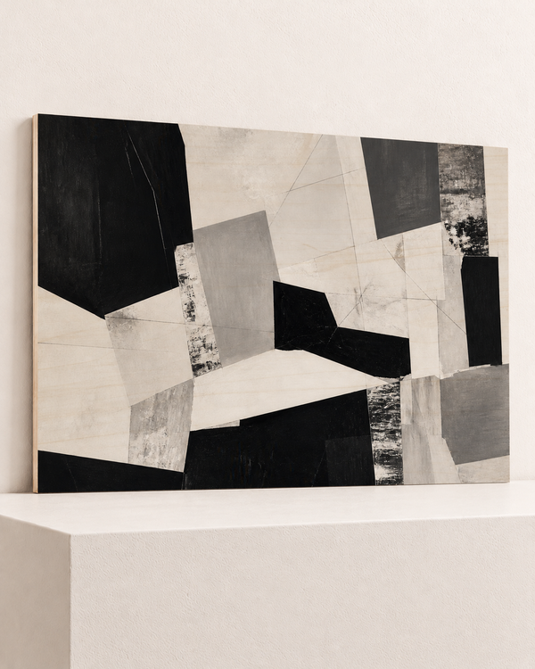 Folded in Black | Wood Print | 100x70 cm; 10mm birch plywood, horizontal grain, slim natural layered unframed cut edge, resting on raised light platform — angle