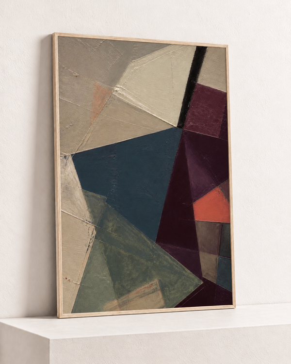 An Angle of Plum, paper print in its natural wood frame, angle studio view