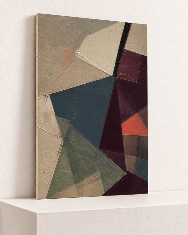 An Angle of Plum | Wood Print | 70x100 cm; 10mm birch plywood, horizontal grain, slim natural layered unframed cut edge, resting on raised light platform — angle
