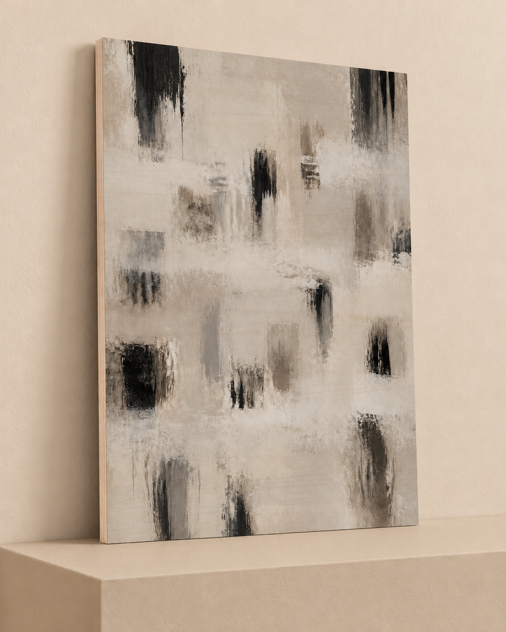 Ash Register | Wood Print — Wood Print on warm beige platform, angle