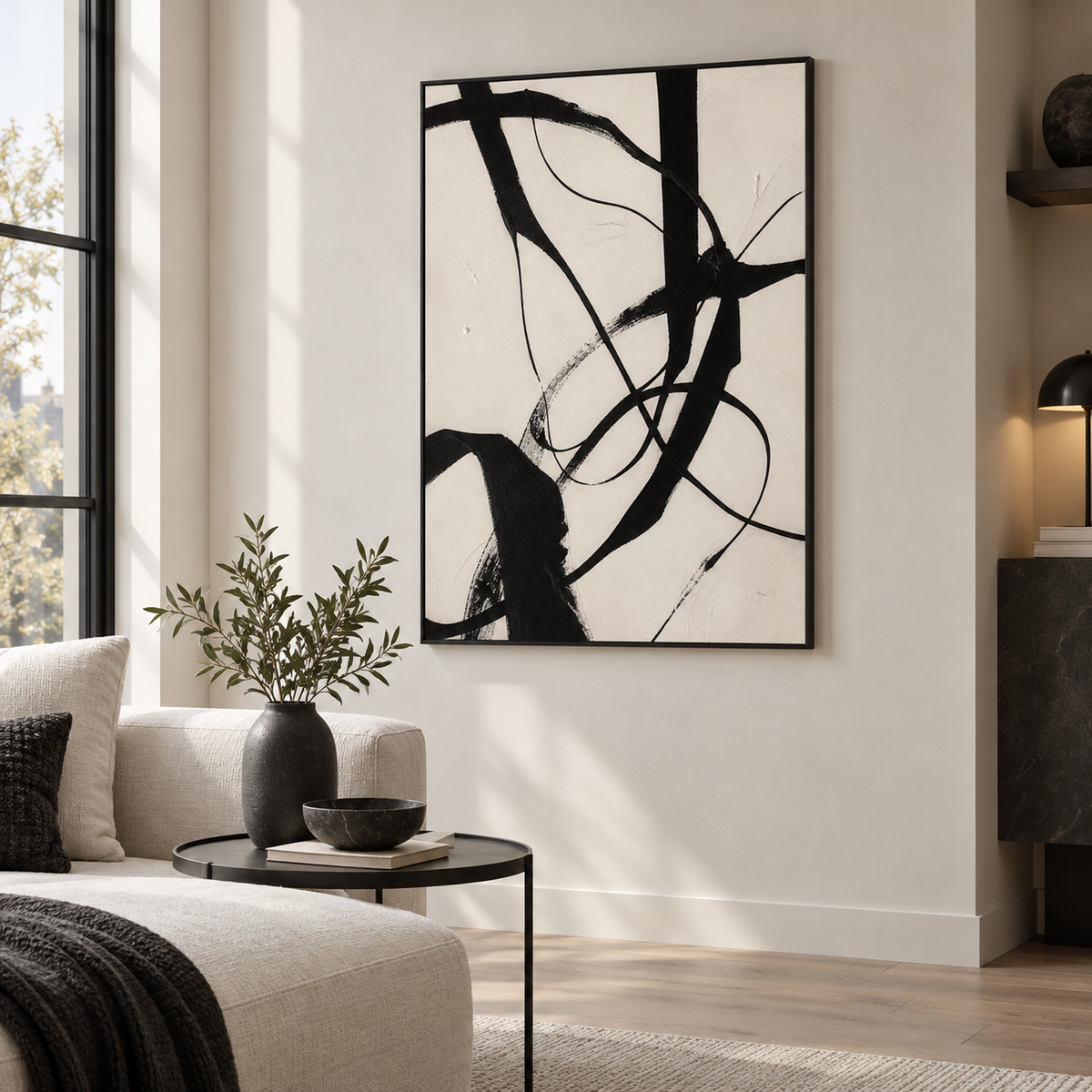 Black & White collection — Calligraphic Line in a room, 70x100 cm Metal Framed Print