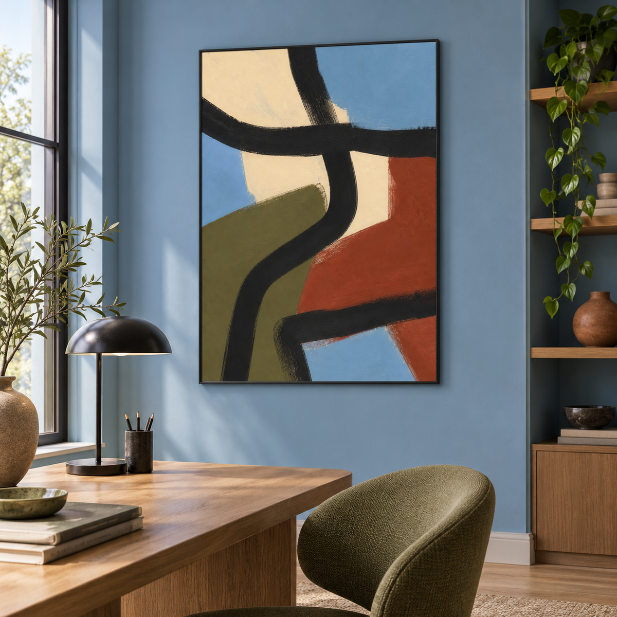 Geometric collection — Black Path in a room, 70x100 cm Metal Framed Print