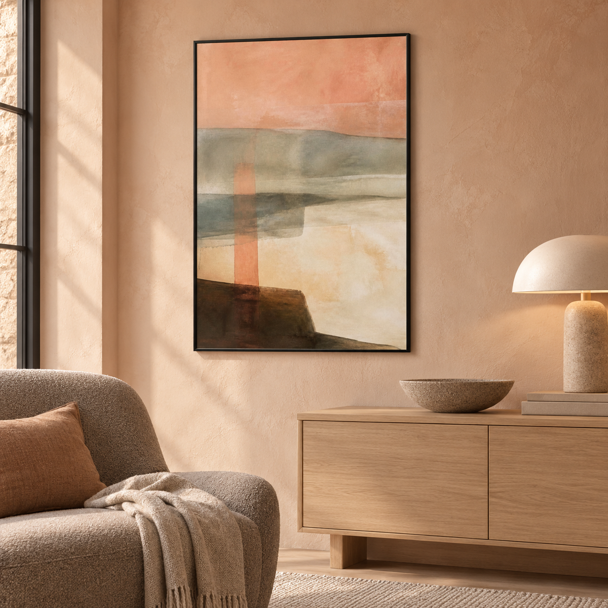 Neutral collection — Low Horizon in a room, 70x100 cm Metal Framed Print