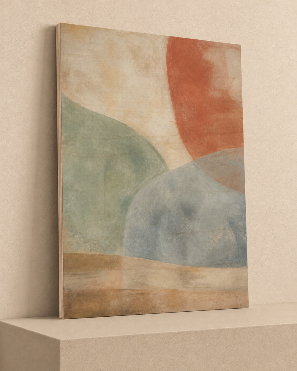 Curved Quiet | Wood Print — Wood Print on warm beige platform, angle