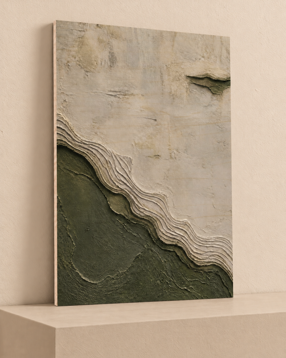 Eroded Basin | Wood Print — Wood Print on warm beige platform, angle