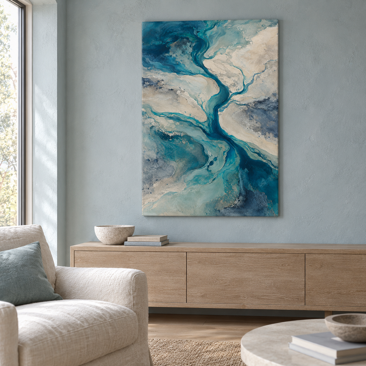 Estuary in Blue artwork displayed in an interior