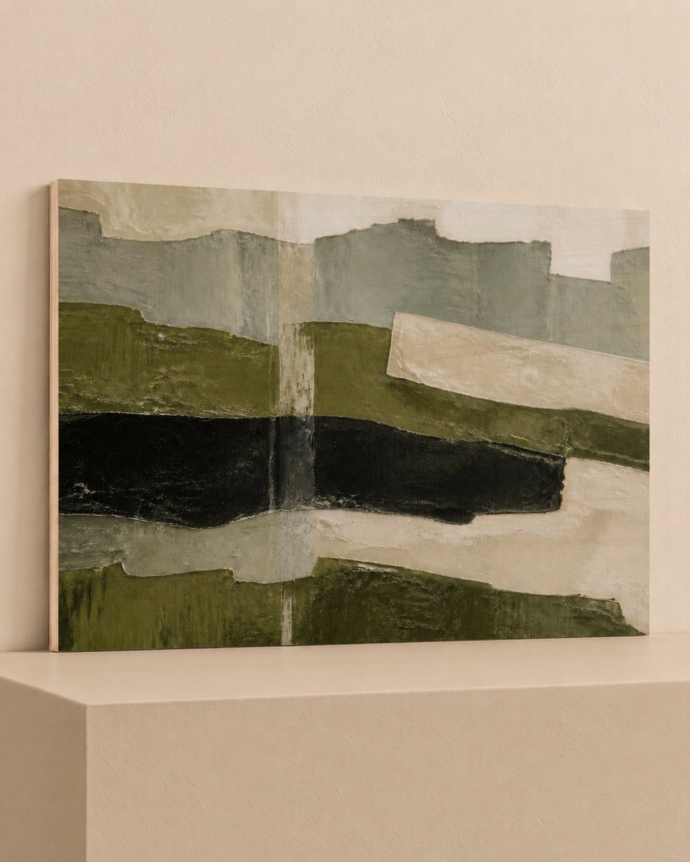 Folded Range | Wood Print — Wood Print on warm beige platform, angle