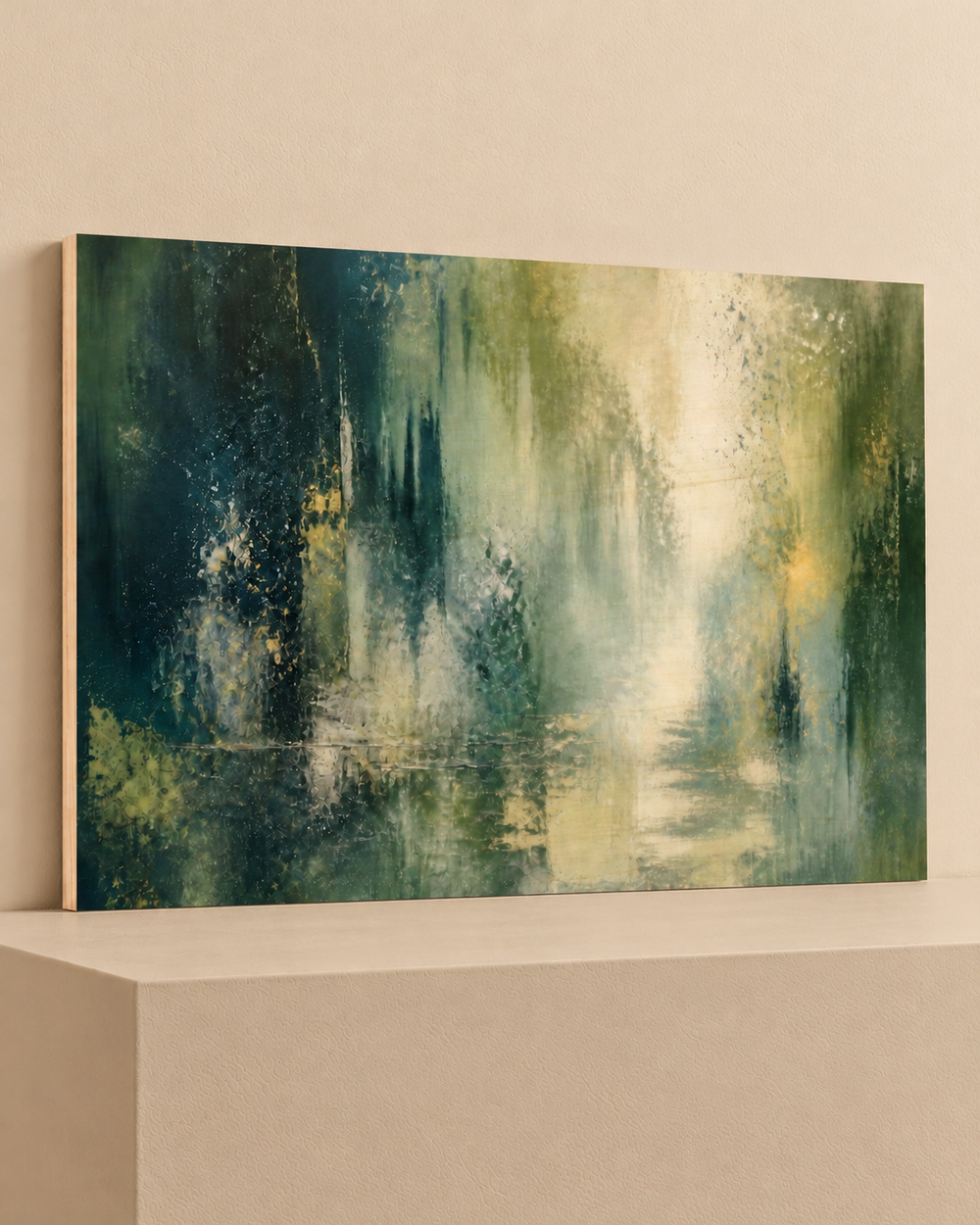 Forest After Rain | Wood Print — Wood Print on warm beige platform, angle