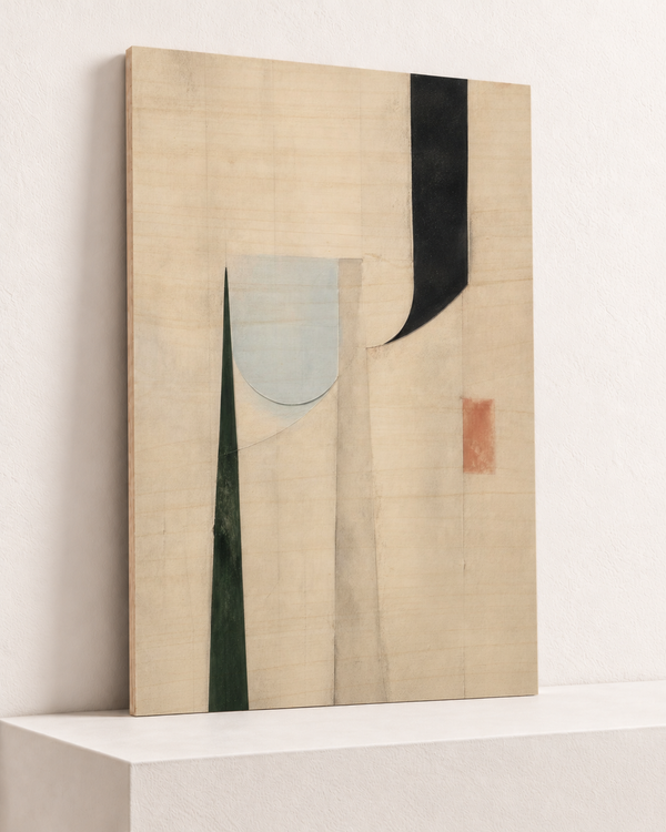 The Small Blue Curve | Wood Print | 70x100 cm; 10mm birch plywood, horizontal grain, slim natural layered unframed cut edge, resting on raised light platform — angle