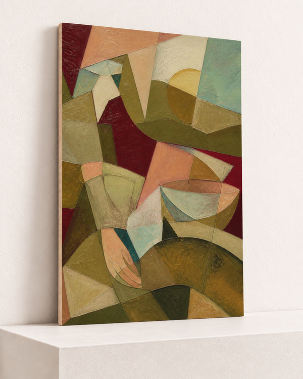 A Table of Shapes | Wood Print | 70x100 cm; 10mm birch plywood, horizontal grain, slim natural layered unframed cut edge, resting on raised light platform — angle