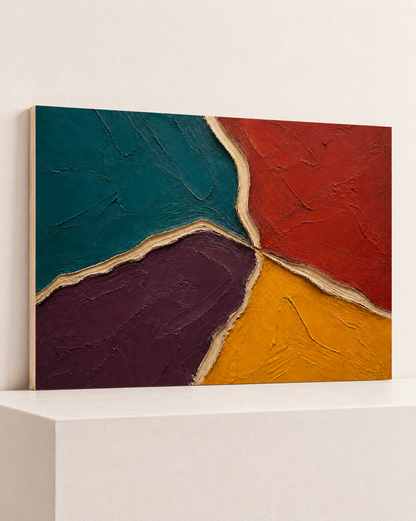 Four Colours Meet | Wood Print | 100x70 cm; 10mm birch plywood, horizontal grain, slim natural layered unframed cut edge, resting on raised light platform — angle