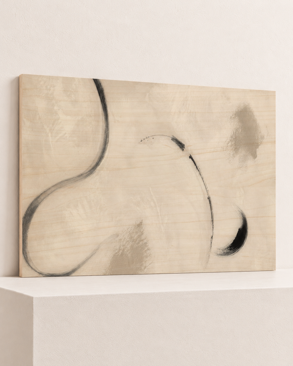 Almost a Circle | Wood Print | 100x70 cm; 10mm birch plywood, horizontal grain, slim natural layered unframed cut edge, resting on raised light platform — angle