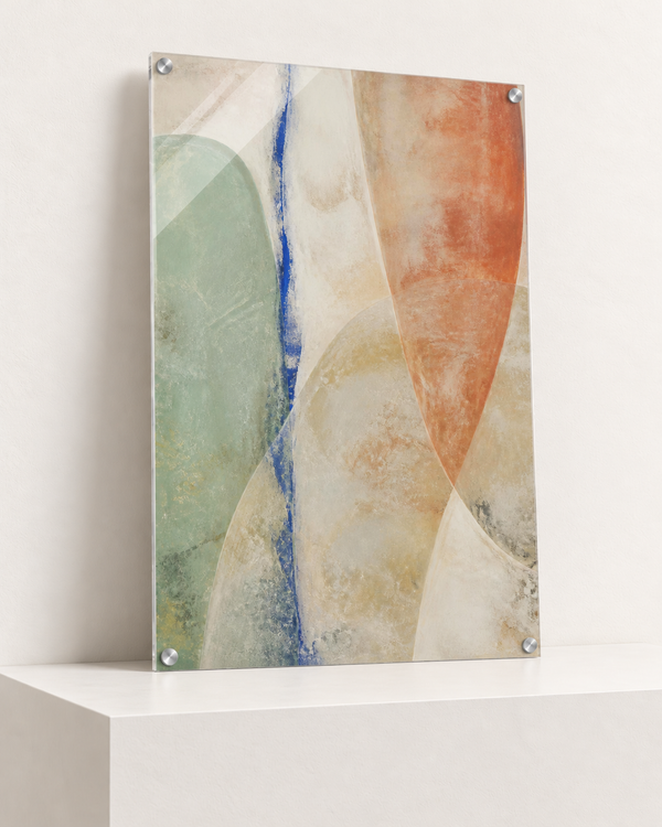 Mineral Air | Acrylic Print | 70x100 cm; 4mm acrylic, four silver corner caps, resting on raised light platform — angle