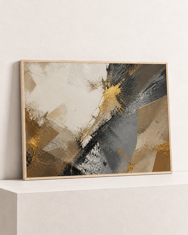 Where Ochre Meets Black, paper print in its natural wood frame, angle studio view