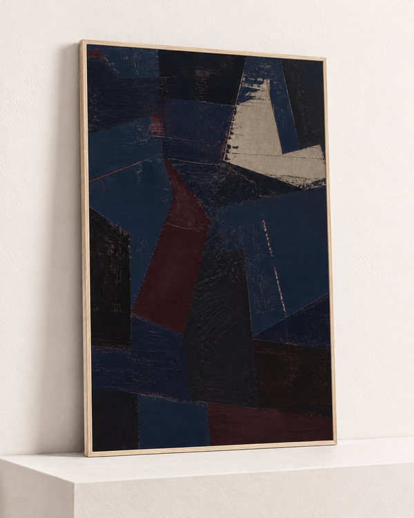 Pieces of Midnight, 70x100 cm paper print in a natural wood frame, angle studio view