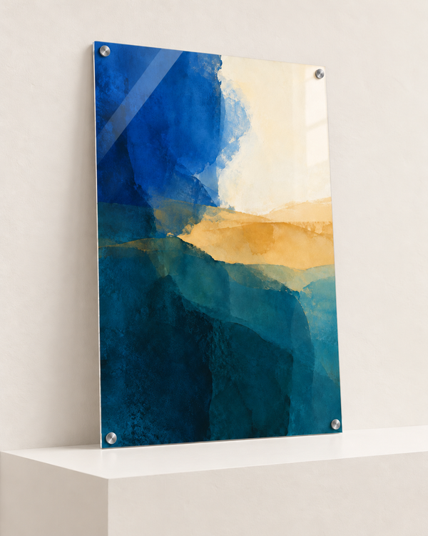 Tidal Veil | Acrylic Print | 70x100 cm; 4mm acrylic, four silver corner caps, resting on raised light platform — angle