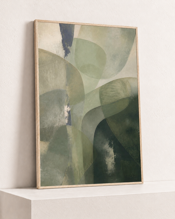 Veiled Hills, paper print in its natural wood frame, angle studio view
