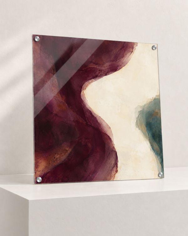 Violet Return | Acrylic Print | 60x60 cm; 4mm acrylic, four silver corner caps, resting on raised light platform — angle