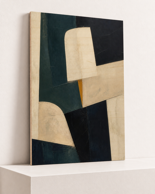 modular-totem-wood-print, largest 70×100cm unframed10mm lined plywood, horizontal grain, raised warm platform, angle photograph