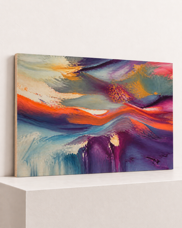 moving-weather-wood-print, largest 100×70cm unframed10mm lined plywood, horizontal grain, raised warm platform, angle photograph
