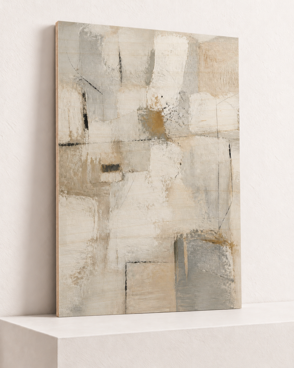 pale-assembly-wood-print, largest 70×100cm unframed10mm lined plywood, horizontal grain, raised warm platform, angle photograph