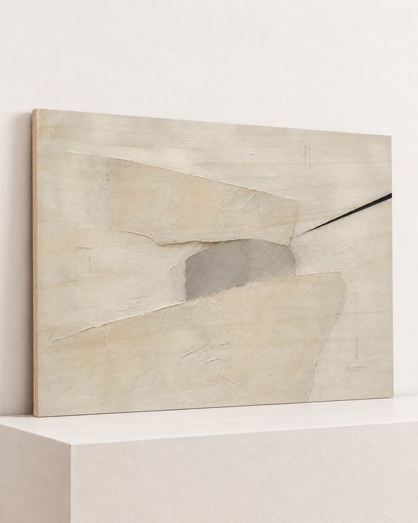 pale-relief-wood-print, largest 100×70cm unframed10mm lined plywood, horizontal grain, raised warm platform, angle photograph