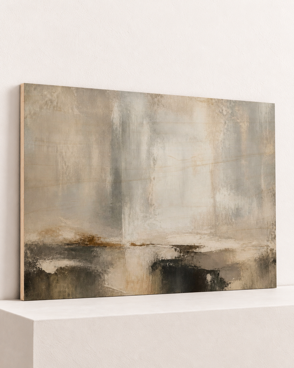 quiet-estuary-wood-print, largest 100×70cm unframed10mm lined plywood, horizontal grain, raised warm platform, angle photograph