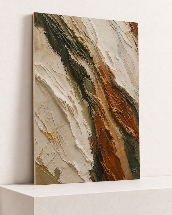 raised-ground-wood-print, largest 70×100cm unframed10mm lined plywood, horizontal grain, raised warm platform, angle photograph