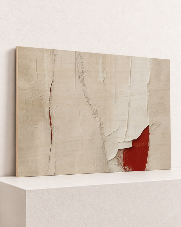 red-interruption-wood-print, largest 100×70cm unframed10mm lined plywood, horizontal grain, raised warm platform, angle photograph