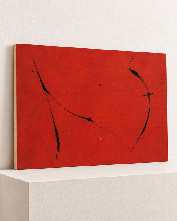 red-interval-wood-print, largest 100×70cm unframed10mm lined plywood, horizontal grain, raised warm platform, angle photograph
