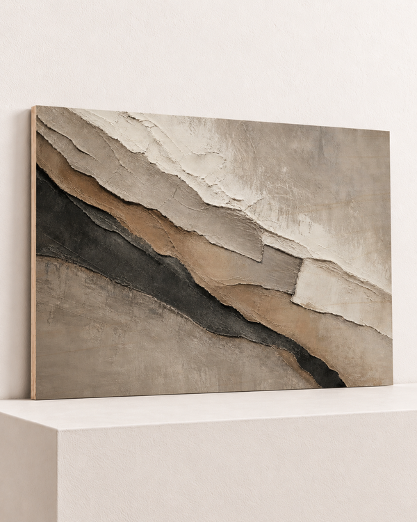 relief-strata-wood-print, largest 100×70cm unframed10mm lined plywood, horizontal grain, raised warm platform, angle photograph