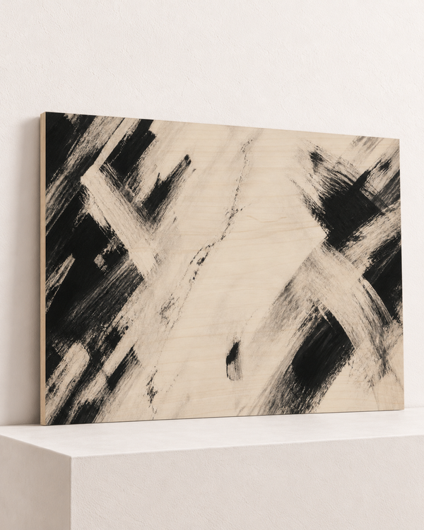 scattered-marks-wood-print, largest 100×70cm unframed10mm lined plywood, horizontal grain, raised warm platform, angle photograph