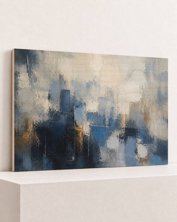 scraped-blocks-wood-print, largest 100×70cm unframed10mm lined plywood, horizontal grain, raised warm platform, angle photograph