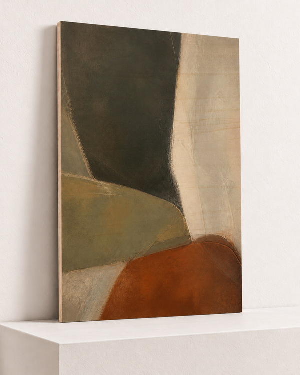 soft-blocks-wood-print, largest 70×100cm unframed10mm lined plywood, horizontal grain, raised warm platform, angle photograph