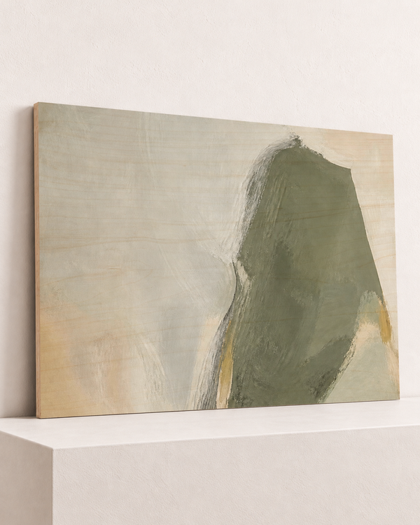 soft-monument-wood-print, largest 100×70cm unframed10mm lined plywood, horizontal grain, raised warm platform, angle photograph
