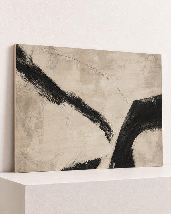 sweeping-bands-wood-print, largest 100×70cm unframed10mm lined plywood, horizontal grain, raised warm platform, angle photograph