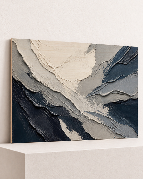 topographic-blue-wood-print, largest 100×70cm unframed10mm lined plywood, horizontal grain, raised warm platform, angle photograph