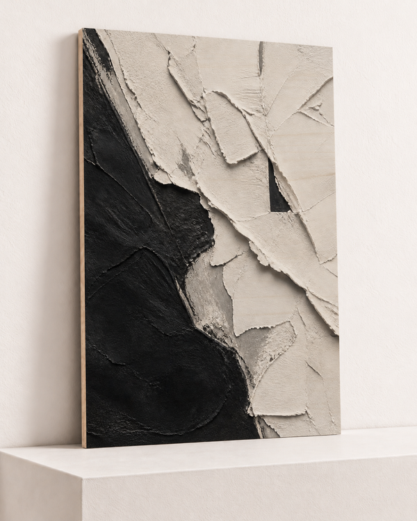torn-impasto-wood-print, largest 70×100cm unframed10mm lined plywood, horizontal grain, raised warm platform, angle photograph